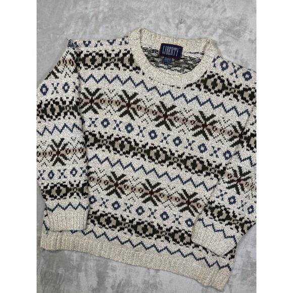 Vintage Liberty Grandpa Sweater Cotton Fair Isle Nordic Fisherman 1990s USA XL - Picture 4 of 11